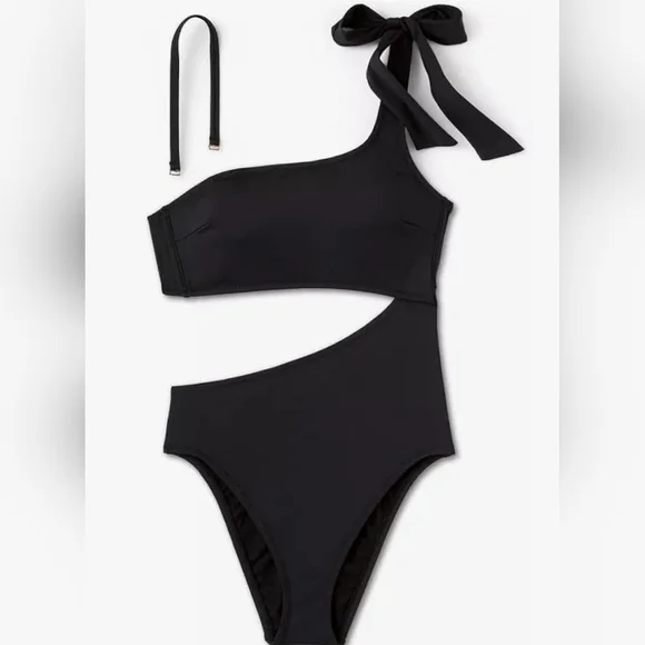Shade & Shore Black One-Shoulder Cutout Swimsuit Size  Large (12-14) NWT - Picture 3 of 7